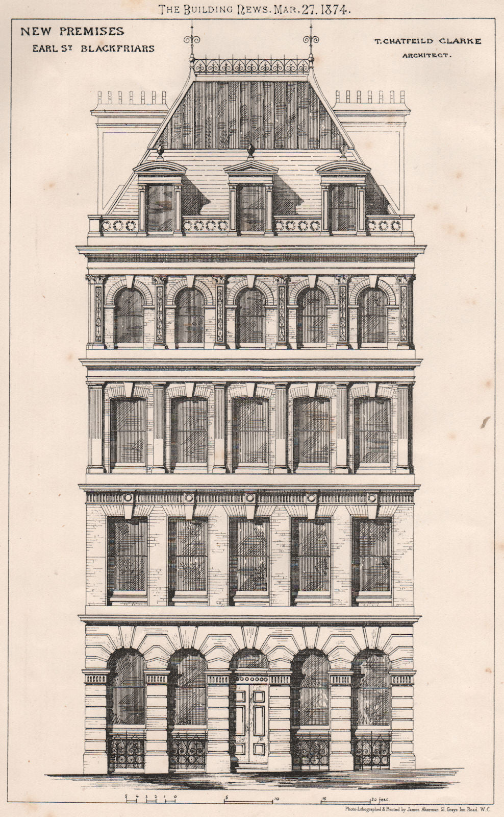 New premises, Earl St., Blackfriars; T. Chatfeild Clarke, Architect 1874 print